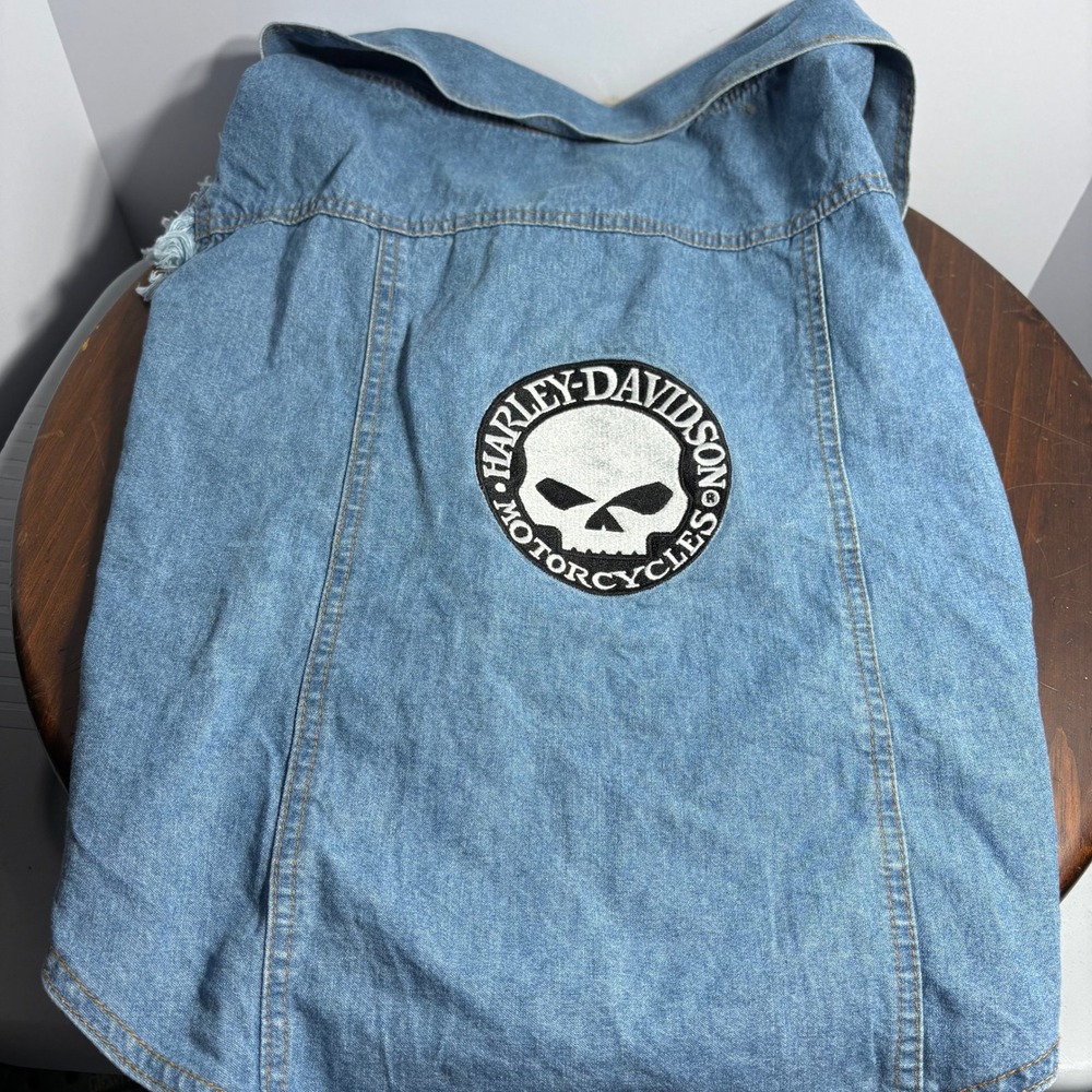 Harley Davidson Pet Outfit Blue Skull Denim Willie G Frayed Sleeveless Biker 06